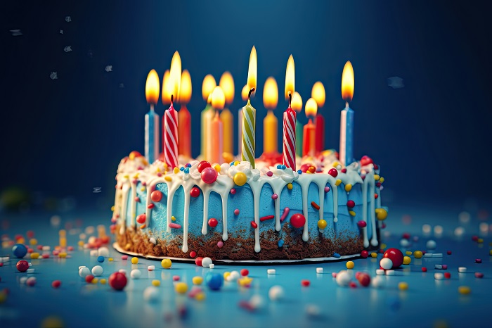 birthday cake with colored candles on blue background